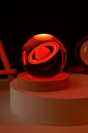 3D Satürn Kristal Küre Lamba – USB li LED Işıklı Ahşap Standlı Dekoratif Masa Lambası RGB Led