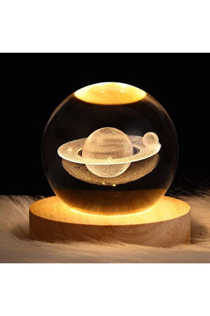 3D Satürn Kristal Küre Lamba – USB li LED Işıklı Ahşap Standlı Dekoratif Masa Lambası RGB Led