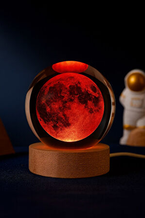 3D Ay Küre Kristal Led Gece Lambası – USB'li Ahşap Standlı LED Masa Lambası & Gece Lambası RGB Led