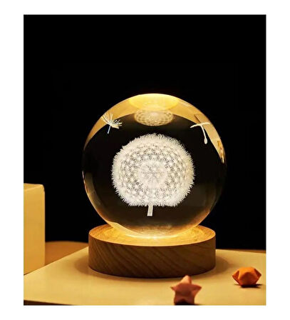 3D Karahindiba Temalı Kristal Küre Led Gece Lambası – USB'li Ahşap Standlı RGB Led Lamba