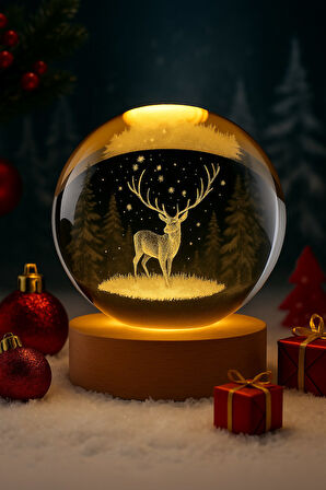 3D Kristal Küre Geyik Figürlü LED Işıklı Gece Lambası USB'li Ahşap Standlı Dekoratif RGB Led