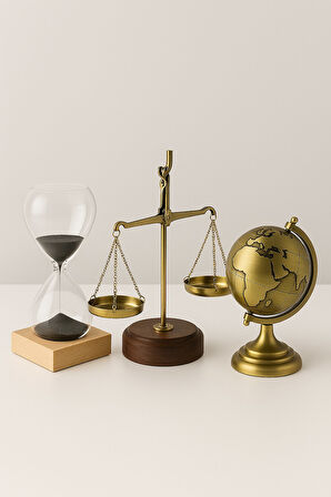 Dekoratif 3’lü Ofis Masa Seti Pirinç Terazi, Manyetik Kum Saati ve Metal Dünya Küresi Premium Hediye