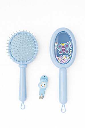 1 Adet Çocuk Saç Tarağı – 1 Adet Tırnak Çakısı Set Pastel Renkli Boncuklu, Masaj Etkili Tarak Mavi 