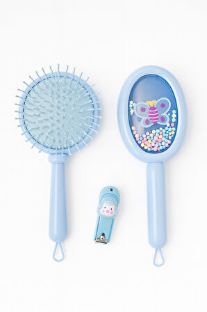 1 Adet Çocuk Saç Tarağı – 1 Adet Tırnak Çakısı Set Pastel Renkli Boncuklu, Masaj Etkili Tarak Mavi 
