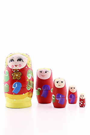Ahşap Tombul İç İçe Matruşka Bebek Kırmızı Set 5li Büyük Boy  