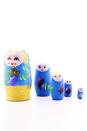 Ahşap Tombul İç İçe Matruşka Bebek Mavi Set 5li Büyük Boy  