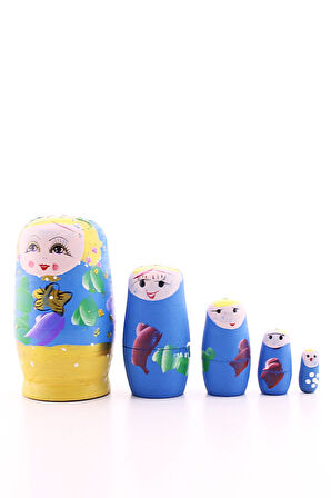 Ahşap Tombul İç İçe Matruşka Bebek Mavi Set 5li Büyük Boy  