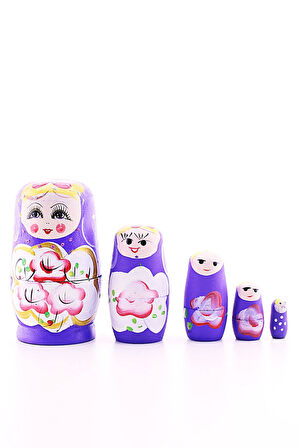 Ahşap Tombul İç İçe Matruşka Bebek Mor Set 5li Büyük Boy  