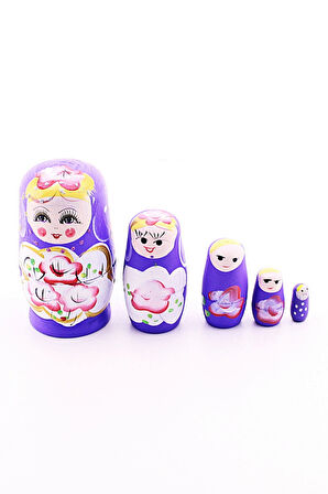 Ahşap Tombul İç İçe Matruşka Bebek Mor Set 5li Büyük Boy  