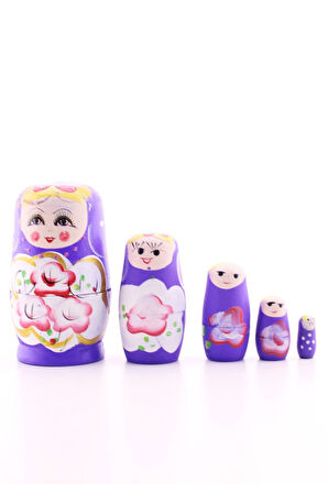 Ahşap Tombul İç İçe Matruşka Bebek Mor Set 5li Büyük Boy  