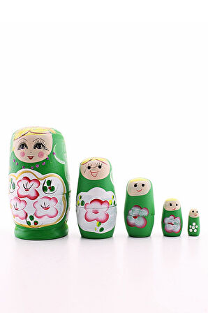 Ahşap Tombul İç İçe Matruşka Bebek Yeşil Set 5li Büyük Boy  