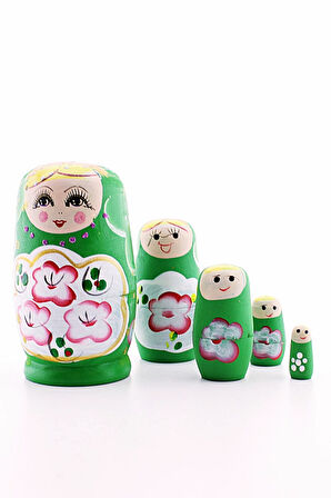 Ahşap Tombul İç İçe Matruşka Bebek Yeşil Set 5li Büyük Boy  