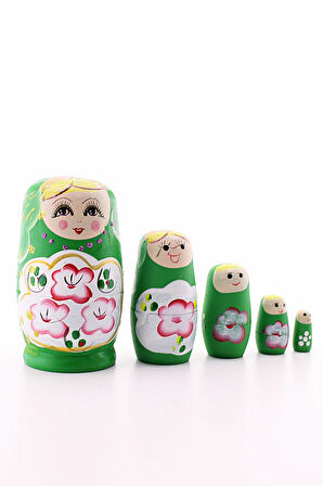 Ahşap Tombul İç İçe Matruşka Bebek Yeşil Set 5li Büyük Boy  