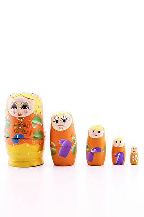 Ahşap Tombul İç İçe Matruşka Bebek Turuncu Set 5li Büyük Boy  
