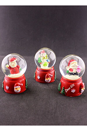 3 Adet Yılbaşı Noel Baba ve Kardan Adam Temalı Mini Boy Işıklı Kar Küresi 6,5 cm A