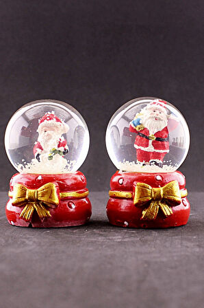 2 Adet Yeni Yıl Noel Baba Temalı Kurdele Detaylı Mini Boy Işıklı Kar Küresi 6,5 cm B