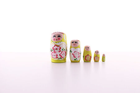Ahşap Tombul İç İçe Matruşka Bebek Sarı Set 5li Büyük Boy  