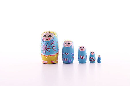 Ahşap Tombul İç İçe Matruşka Bebek Mavi 1 Set 5li Büyük Boy  