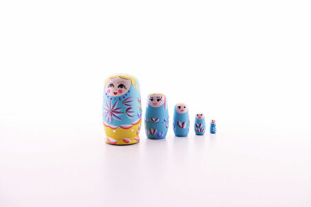 Ahşap Tombul İç İçe Matruşka Bebek Mavi 1 Set 5li Büyük Boy  