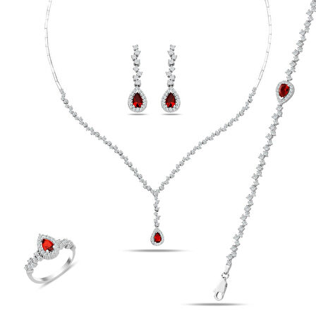 925 Ayar Gümüş Pırlanta Montür Kırmızı Damla Salkım Su Yolu Set