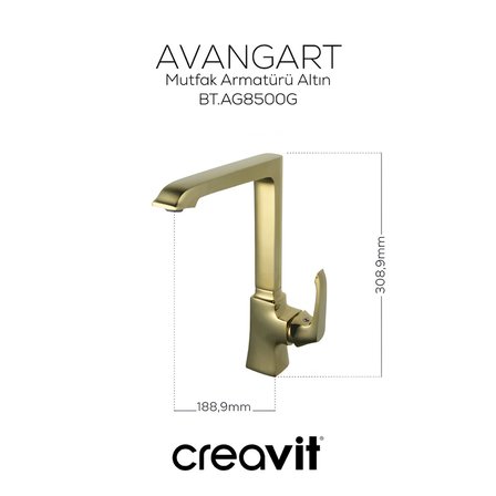 Creavit Avangart Altın Lavabo-Banyo-Eviye Bataryası 3'lü Set AG1500G-AG2500G-AG8500G