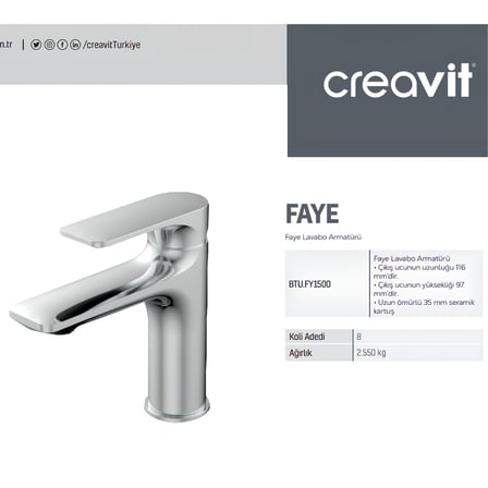 Creavit Faye Krom Lavabo-Banyo-Eviye Bataryası 3'lü Set FY1500-FY2500-FY8500