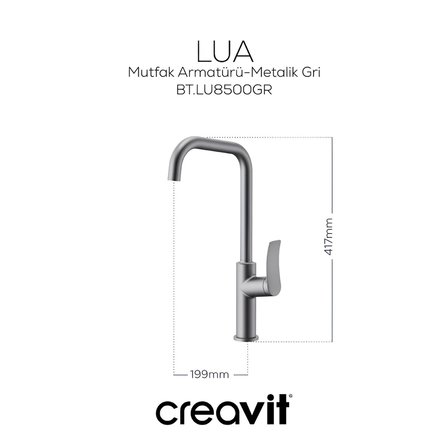 Creavit Lua Metalik Gri Lavabo-Banyo-Eviye Bataryası 3'lü Set LU1500GR-LU2500GR-LU8500GR