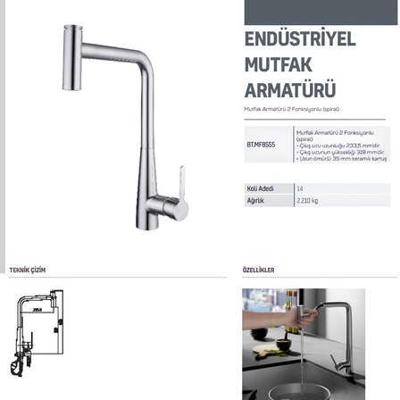 Creavit İki Fonksiyonlu Spiralli Krom Eviye Bataryası MF8555