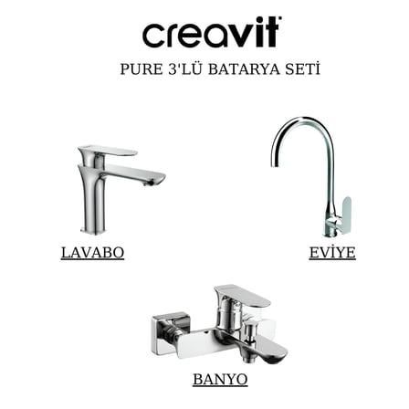 Creavit Pure Krom Lavabo-Banyo-Eviye Bataryası 3'lü Set PR1500-PR2500-PR8501