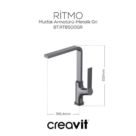 Creavit Ritmo Metalik Gri Lavabo-Banyo-Eviye Bataryası 3'lü Set RT1500GR-RT2500GR-RT8500GR