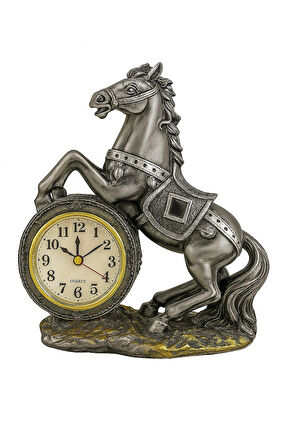 Dekoratif At Figürlü Masa Saati Gri – Retro At Figürlü Masa Saati Polyester 17x22 cm