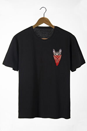 Erkek Siyah Maskeli Kedi Baskılı Bisiklet Yaka Oversize Rahat Kalıp Basic T-shirt