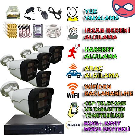 5 KAMERALI 500GB HDDLİ GECE RENKLİ GÖSTEREN ARAÇ İNSAN HAREKET YÜZ ALGILAYAN GÜVENLİK KAMERASI SETİ