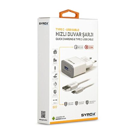 Syrox Q22 Type-C Hızlı Şarj Aleti Beyaz