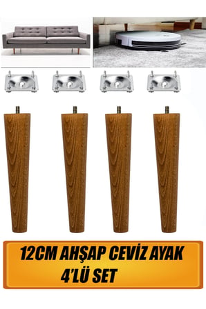 Ahşap Dolap Mobilya Koltuk Kanepe Ayağı Ayakları M8 12 Cm (CEVİZ) Bağlantı Aparatlı 4'lü Set.