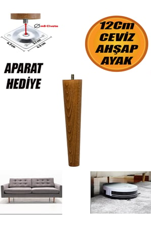 Ahşap Dolap Mobilya Koltuk Kanepe Ayağı Ayakları M8 12 Cm (CEVİZ) Bağlantı Aparatlı 4'lü Set.