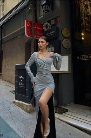 Bezos Kalp Uzun Abiye Yaka Elbise Yırtmaçlı Kollu · Renk: Saks · Beden: S BTKFZ