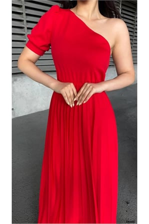 Bezos Krep Elbise Omuz Pile Abiye Tek Detaylı Kumaş · Renk: Mor · Beden: L BTKFZ