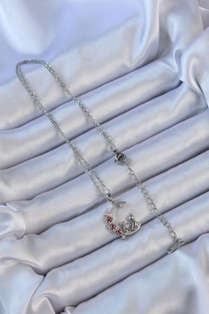 316L Çelik Zincir Gümüş Renk Kırmızı Gül Detay Kedi Figür Zirkon Taşlı Ay