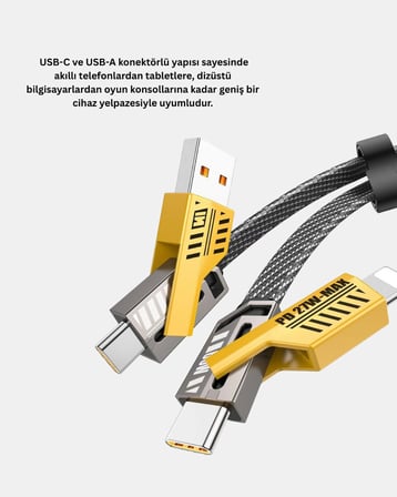 65W 4’ü 1 Arada Örgülü Hızlı Şarj Kablosu USB-C USB-A Çoklu Şarj Dayanık