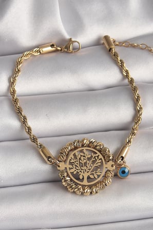316L Çelik Gold Renk Burgu Zincir Model Dorika Yaşam Ağacı Figür Nazar Boncuk D