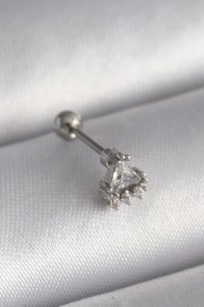 316L Çelik Gümüş Renk Üçgen Zirkon Taşlı Tragus Piercing 5886