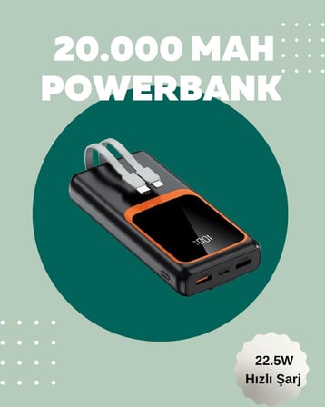 Dijital Ekranlı 20.000 mAh Powerbank | 22.5W Hızlı Şarj + Çoklu Bağlantı Seç