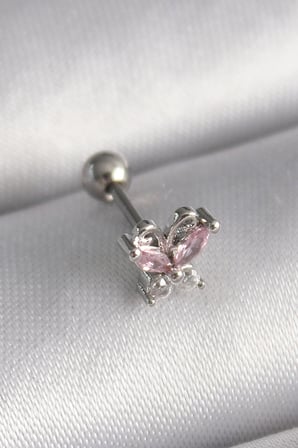 316L Çelik Gümüş Renk Pembe Zirkon Taşlı Kelebek Tragus Piercing 5886