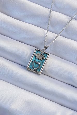 316L Çelik Zincir Gümüş Renk Zirkon Taşlı Mavi Mermer Desenli Taç Model Tarot