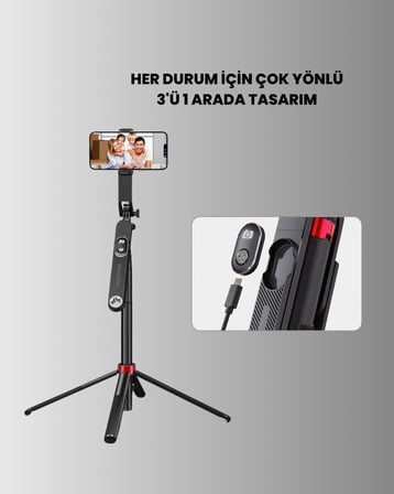 Dikey ve Yatay Çekim Destekli Selfie Stick Tripod