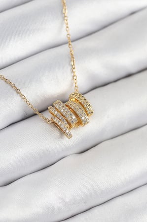 316L Çelik Zirkon Taşlı Sarmal Model Gold Renk Kadın Kolye 5886