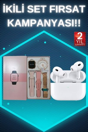 3 Kordonlu Pembe Amoled Ekran Akıllı Saat ve Yeni Nesil Pro Kablosuz Bluetooth Kul