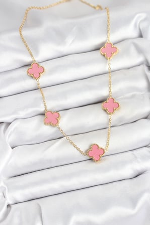 316L Çelik Zincir Gold Pembe Renk Yonca Kadın Kolye 5886