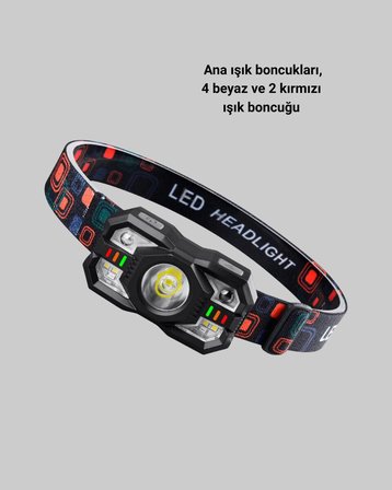 Sensörlü LED Kafa Lambası Kırmızı Beyaz Işık Ayarlanabilir